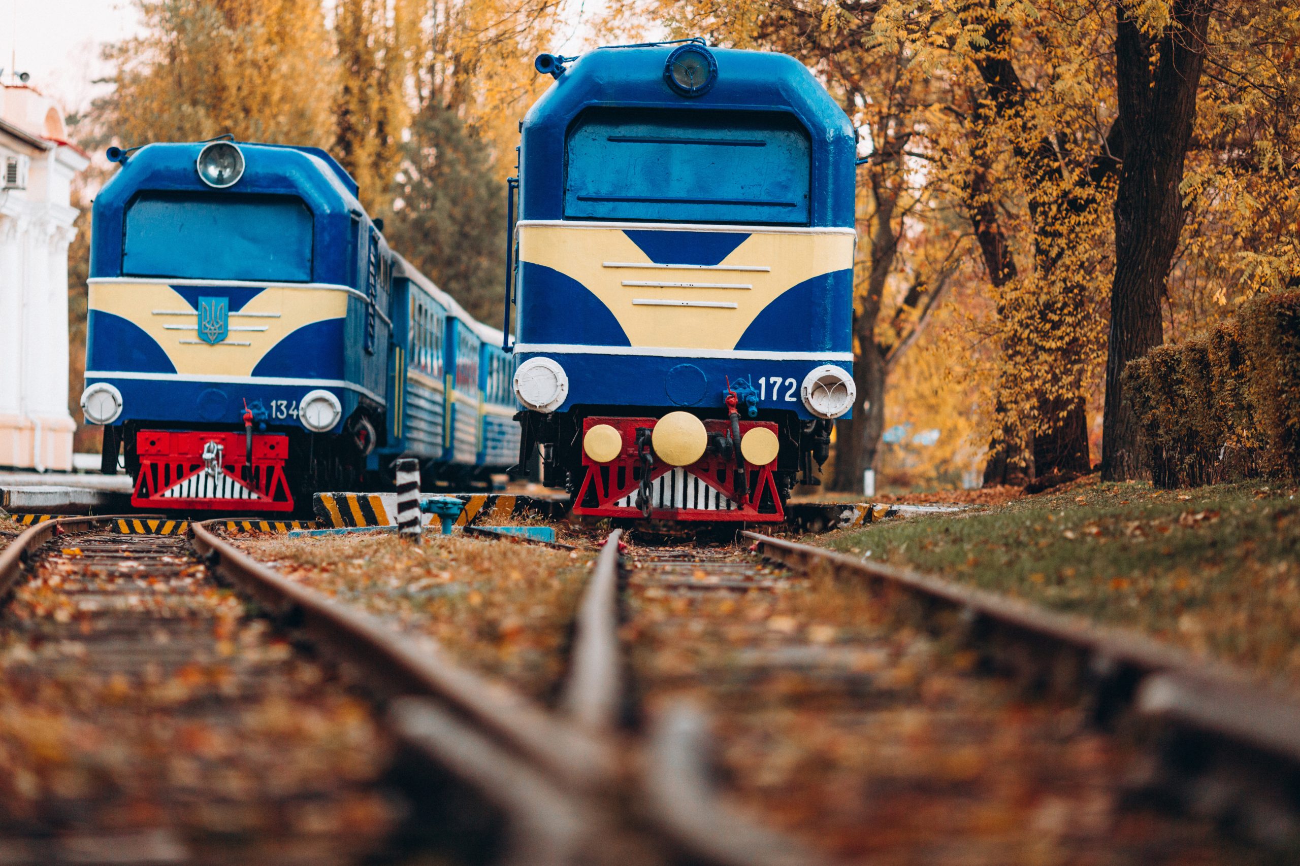 two old trains travel on adjacent rails in the same direction. autumn. yellow leaves.